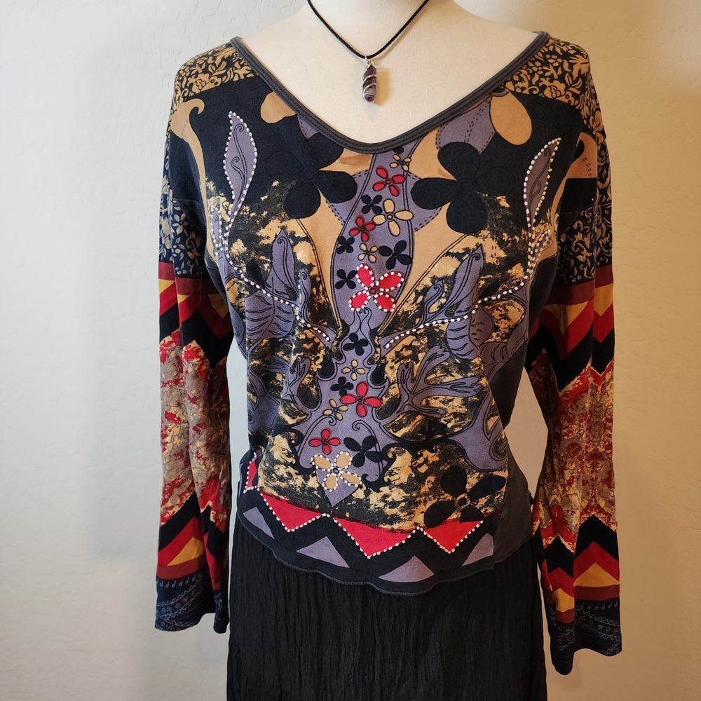 Blue‎ Plate Long Sleeve Top Patchwork Bohemian V Neck Womens 2X